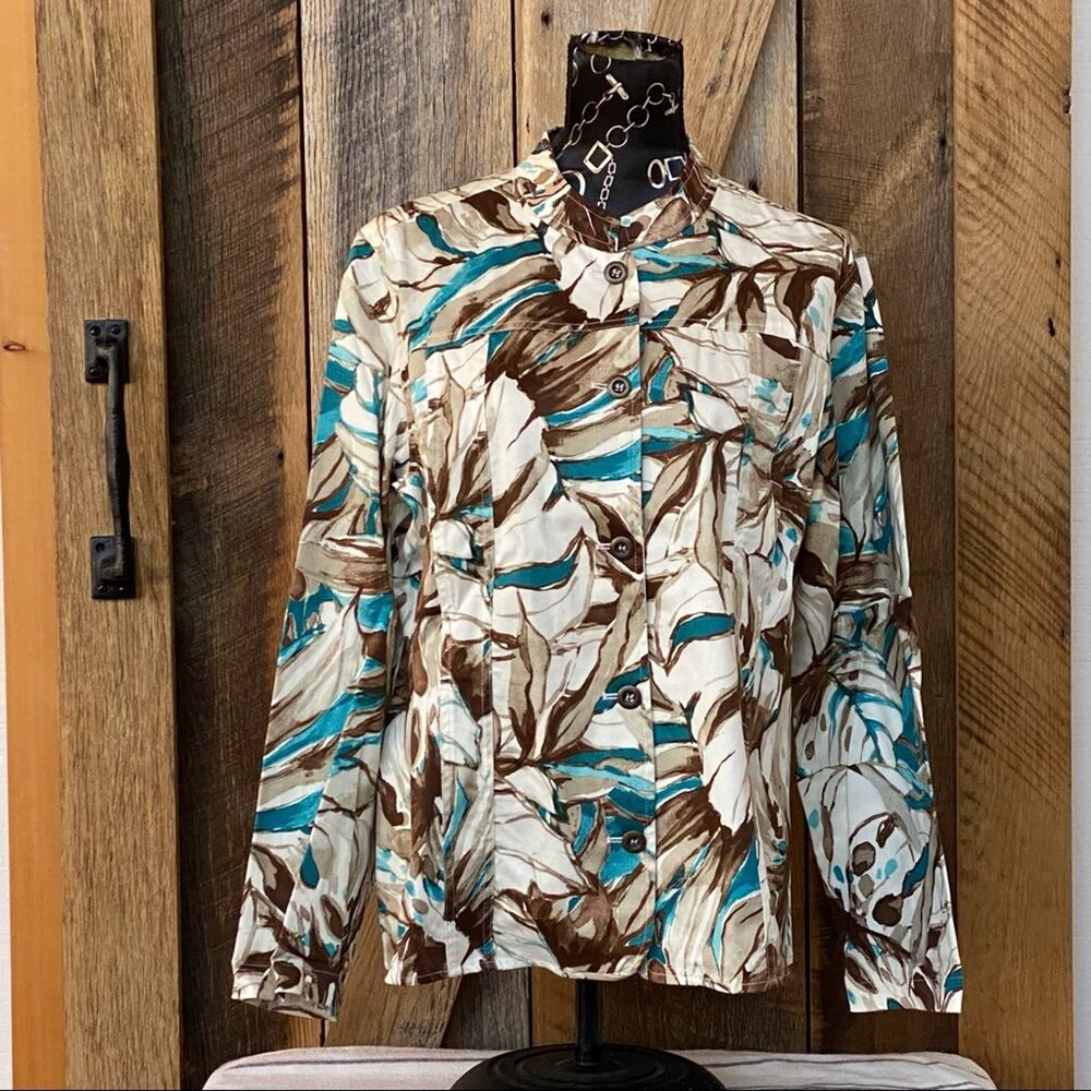 ADDITIONS by CHICO’S L Turquoise & Brown Foliage Print Stretch Cotton Jacket‎
